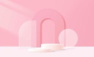 Abstract 3D white cylinder pedestal podium with glass geometric shape backdrop and lighting. Pastel pink minimal wall scene for product display presentation. Vector rendering platform design.