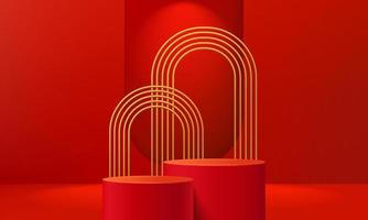 Realistic red, 3d stand with golden arch scene. Stage showcase, Promotion product display. Vector abstract room, geometric forms.