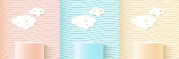 Set of pastel realistic 3D cylinder stand or podium with colorful rectangle scene. Abstract minimal scene for products showcase, Stage promotion display. Vector geometric forms.