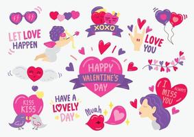 Valentine's day hand drawn stickers vector set with wish messages.