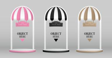 Empty arch product display with cute awning and vintage sign 3d illustration vector set for putting your object.