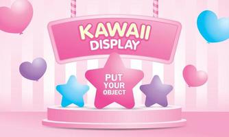 Kawaii product display stage 3d illustration vector and cute signage with star and heart elements on pink pastel background.