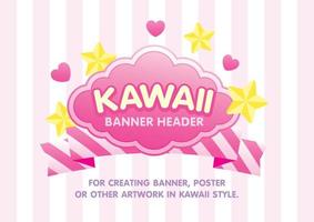 Kawaii pink banner header with ribbon and stars element on striped background vector file format.