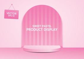 Empty semicircle display step with arch and hanging sign 3d illustration vector for putting your object on cute pink pastel background