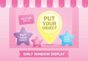 Sweet pastel pink window display 3d illustration vector for putting your object with striped awning and ribbon sign