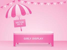 telón de fondo rosa pastel y una linda mesa rosa para poner tu objeto con un paraguas a rayas y una bandera triangular vector