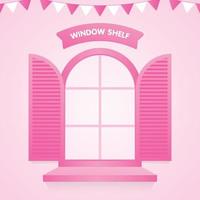 ventana rosa femenina con estante y letrero en vector de ilustración 3d de fondo pastel para poner su objeto