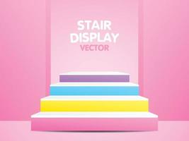 Cute colorful stair display 3d illustration vector for putting your object with sweet pastel pink wall background