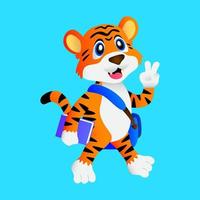 Cartoon animal, vector tiger going to school carrying a bag and books, with a cheerful face, on a light blue background