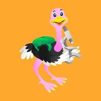 Vector cartoon animal, ostrich carrying a microscope going to school with a cheerful face, suitable for illustration of children's books, education, websites, posters, and more