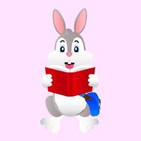 Cartoon animal, vector rabbit reading a textbook, with a cheerful face and carrying a school bag, on a pink background