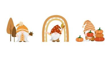 Vector  - Cute Set of Gnome holding pumpkin, maple leaves. Autumn season. Can be use decorate any card, sticker, print, web.