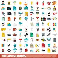 100 artist icons set, flat style vector