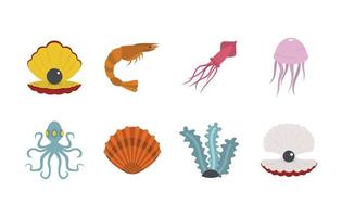 Sea creature icon set, flat style vector