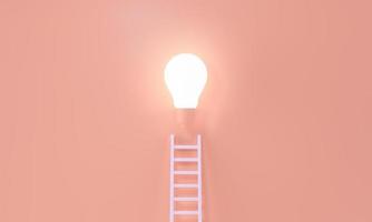 Ladder reaches up to a lit light bulb representing way to an Idea, creativity, invention concept. 3d rendering. photo