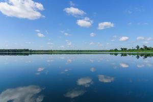 Large island in the lake. There is a beautiful cloud reflecting on the water At  Bueng Kan Province of Thailand 2 photo