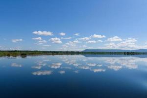 Large island in the lake. There is a beautiful cloud reflecting on the surface At  Bueng Kan Province of Thailand 8 photo