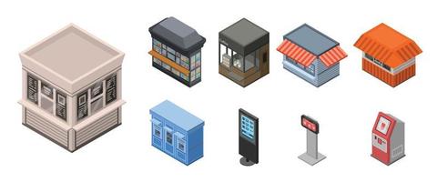 Street shop kiosk icon set, isometric style vector