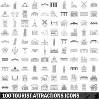 10 iconos de atracciones turísticas, estilo de esquema vector