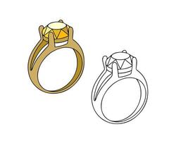 anillo de oro con una piedra preciosa amarilla. dibujo lineal sobre un fondo blanco vector