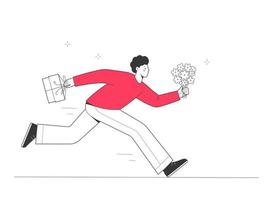 Person is in a hurry to congratulate on the holiday. Man runs with gift and bouquet of flowers vector