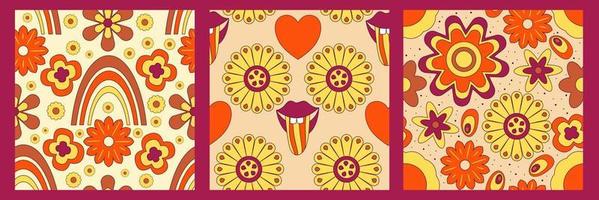 Groovy y2k retro pattern with flower and swirl 70s background. Daisy flower design. Abstract trendy colorful print. Vector illustration graphic. Vintage print. Psychedelic wallpaper
