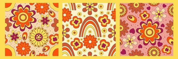 Groovy y2k retro pattern with flower and swirl 70s background. Daisy flower design. Abstract trendy colorful print. Vector illustration graphic. Vintage print. Psychedelic wallpape.
