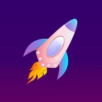 Spaceship for mobile game with fire flames and window. Space travel rocket. Cartoon vector illustration.