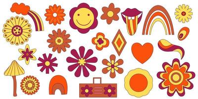 Hippie groovy clipart set with flower, rainbow , lip isolated on white background Retro happy flower daisy vector art illustration. Isolated vector illustration.