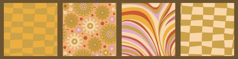 Groovy y2k retro background with flower, checkerboard and swirl 70s background. Daisy flower design. Abstract trendy colorful print. Vector illustration graphic. Vintage print. Psychedelic wallpaper.