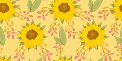 Sunflower seamless pattern with flower, leaf. Cartoon yellow illustration. Floral seamless pattern. Summer bright floral design. Vector illustration