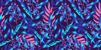 Neon tropic floral seamless pattern on dark background. Floral neon for bright summer design. Tropic jungle in abstract style on purple background vector