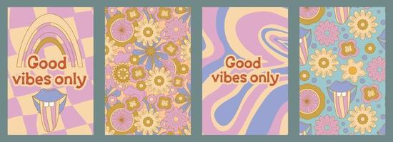 Groovy poster set in cartoon style with slogan and flower daisy. Groovy flower background. Retro 60s 70s psychedelic design. Abstract hippie illustration vector