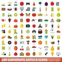 100 gardening article icons set, flat style vector