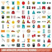 100 athlete journal icons set, flat style vector