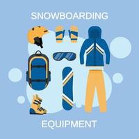 Fondo de concepto de equipo de snowboard, estilo plano vector