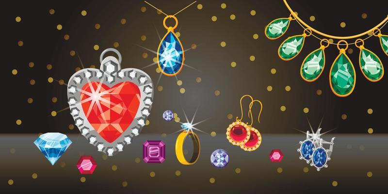Jewelry collect banner horizontal, cartoon style