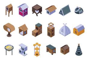 Cat house icons set isometric vector. Tree tower vector