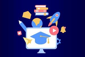Online education concept. Video lecture and lessons on application learning, educational platform, viewing webinar, video chats, e-learning, digital classroom. Flat vector illustration for modern web.
