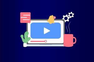 Online video training concept. Distance business training, streaming, webinar, online conference, online learning, watching video tutorial, lessons, lectures in internet. Flat web vector illustration.