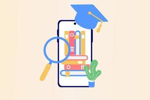 Concept of mobile learning, e-learning, library, e-book, classroom, tutorial and online courses application. Online education, university studies and back to school. Flat vector illustration.