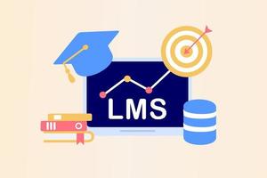 lms, sistema de gestión de aprendizaje como concepto de educación en línea. tecnología educativa, entrega de aprendizaje en línea, capacitación, aplicación de software de conocimiento, marco de calificación. ilustración vectorial vector