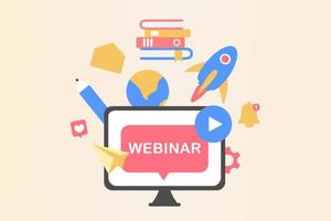 Online education concept. Video lecture and lessons on application learning, educational platform, viewing webinar, video chats, e-learning, digital classroom. Flat vector illustration for modern web.