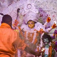 Kolkata, India, September 29,2021 - Goddess Durga with traditional look in close up view at a South Kolkata Durga Puja, Durga Puja Idol, A biggest Hindu Navratri festival in India photo