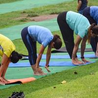 New Delhi, India, June 18 2022 - Group Yoga exercise class for people of different age in Lodhi Garden Park. International Day of Yoga, Big group of adults attending a yoga class outside in park photo