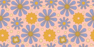 Groovy y2k retro seamless pattern with flower, rainbow. Retro vector illustration. Groovy flower background. Colorful hippie seamless pattern illustration.