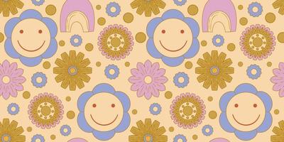 Groovy y2k retro seamless pattern with flower. Retro vector illustration. Groovy flower background. Colorful hippie seamless pattern illustration