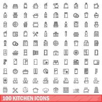 100 kitchen icons set, outline style vector