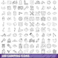 100 camping icons set, outline style vector