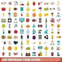 100 drinking firm icons set, flat style vector